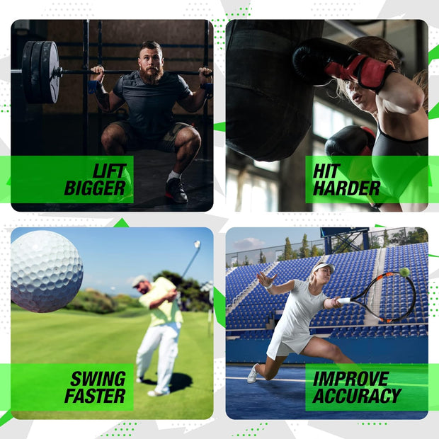 4 pack of images: Powerlifter "Lift Bigger" Boxer "Hit Harder" Golfer "Swing Faster" Tennis Player "Improve Accuracy"