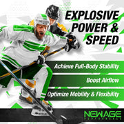 Two hockey players wearing a mouthguard on the ice with text that says "Explosive power and speed" "achieve full body stability" "boost airflow" "optimize mobility and flexibility"