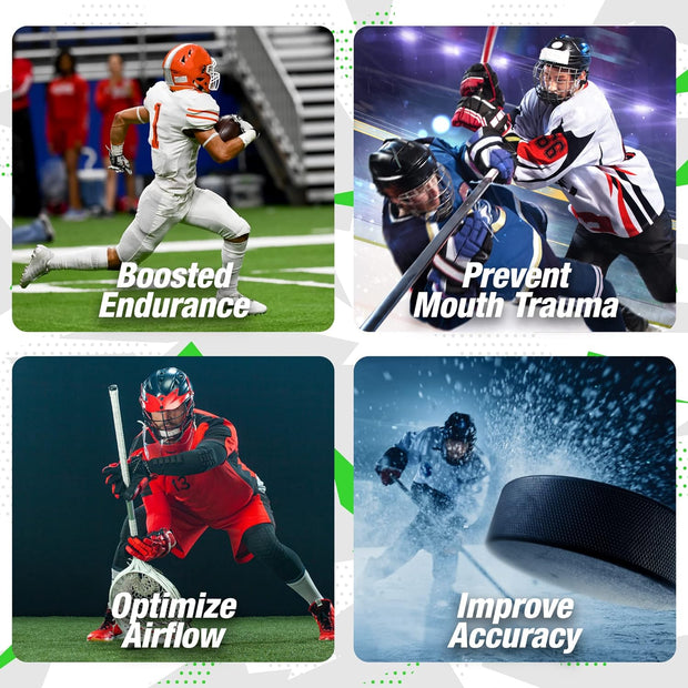 4 pack of images: football player with text saying "boosted endurance", hockey players with text saying "prevent mouth trauma", lacrosse player with text saying "optimize airflow" and solo hockey player with text saying "improve accuracy"