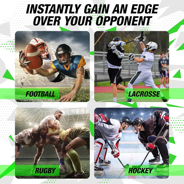 Instantly gain an edge over your opponent. 4 images with football, lacrosse, rugby and hockey player