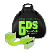 Lime-colored 6DS Low Profile Mouthpiece with a matching case in the background, highlighting its vibrant color and protective features.