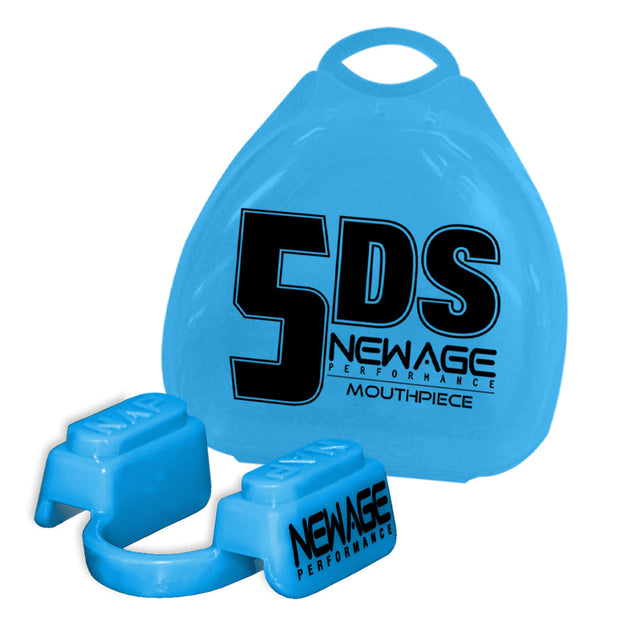 Blue 5DS Mouthpiece with a blue carrying case behind it