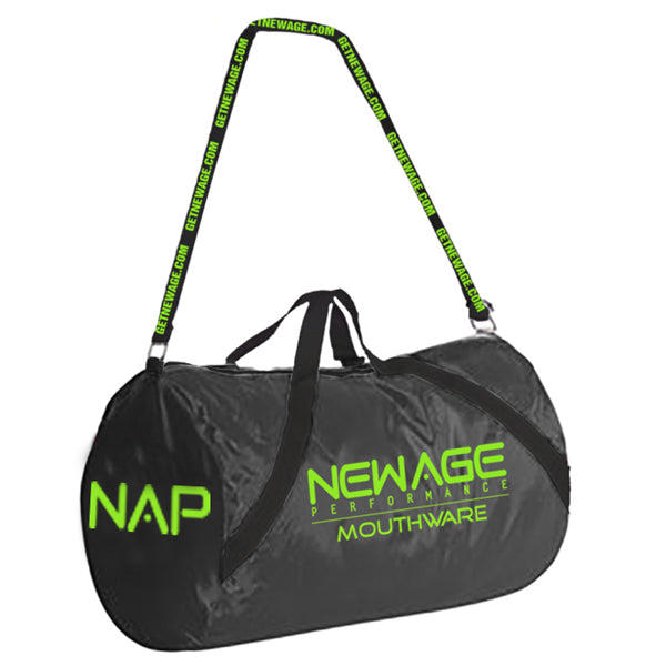 Roll bag featuring 'Get New Age' on the strap, ideal for gym and travel use, combining style and functionality.