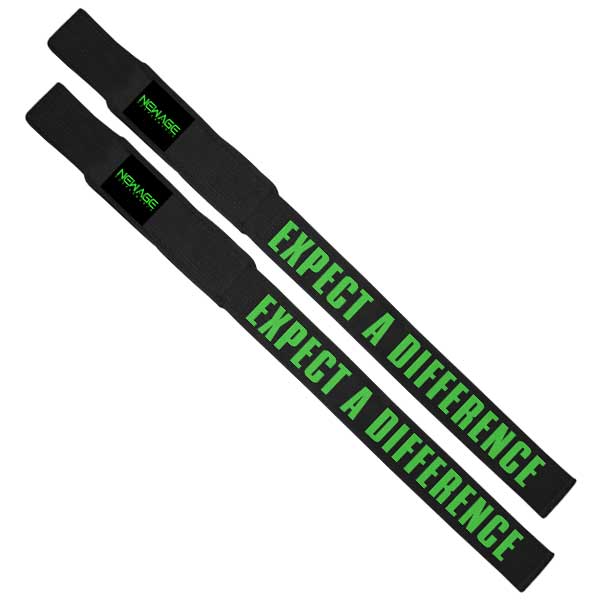 Black lifting straps with logo and 'Expect a difference' text in green, designed for enhanced weightlifting performance.