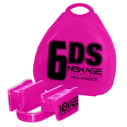 Pink mouthpiece with a matching pink case in the background, showcasing a sleek and protective design.