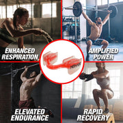 Set of four images featuring CrossFitters: first image demonstrating enhanced respiration, second image showing amplified power, third image illustrating elevated endurance, fourth image highlighting rapid recovery.