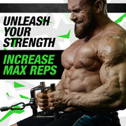  A muscular man lifting weights with text overlay: "Unleash Your Strength Increase Max Reps"